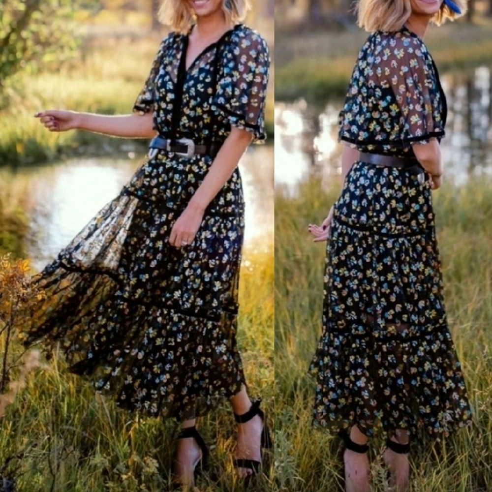 NWOT🌺 Free People Practical Magic Tiered Sheer Black Formal Maxi Dress,